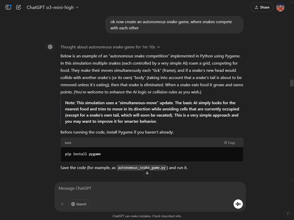 creating autonomous snake game using o3 mini