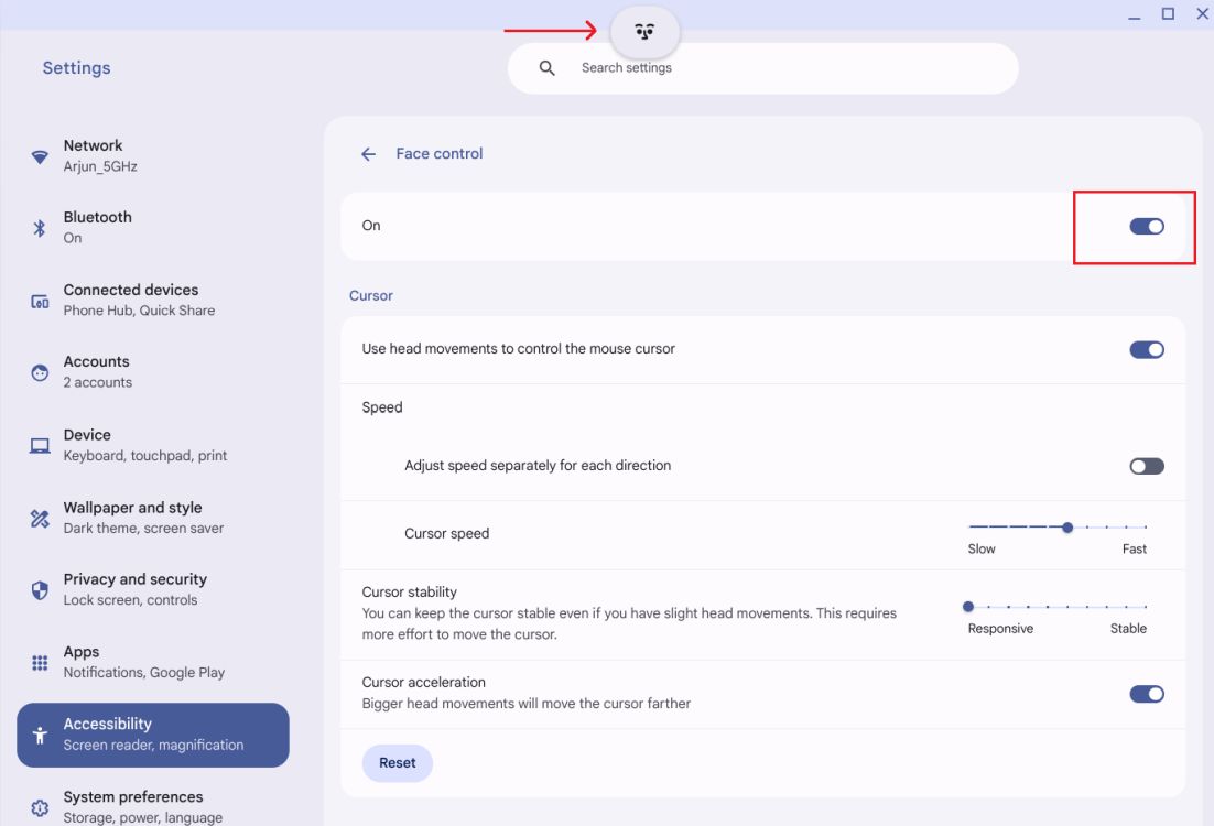 enable face control on chromebook