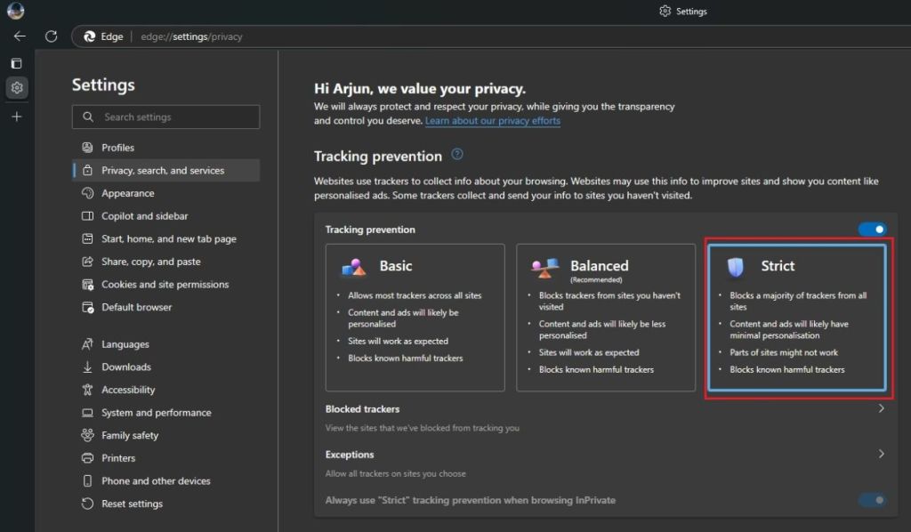 enable strict tracking prevent in microsoft edge