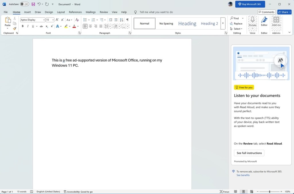 free ad supported version of microsoft word running on my windows 11 pc