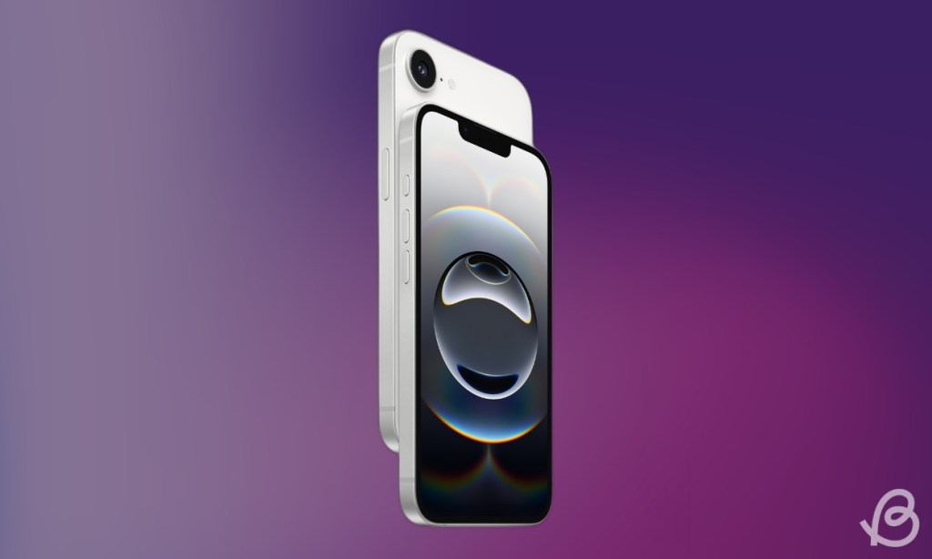 product image of iPhone 16e in white color placed in front of a pinkish purple gradient background