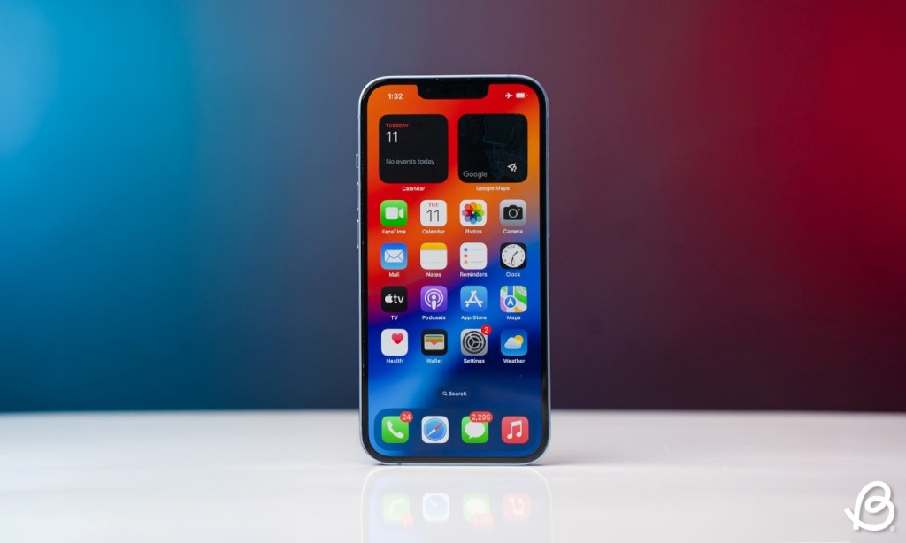 iPhone 16e image with a red background