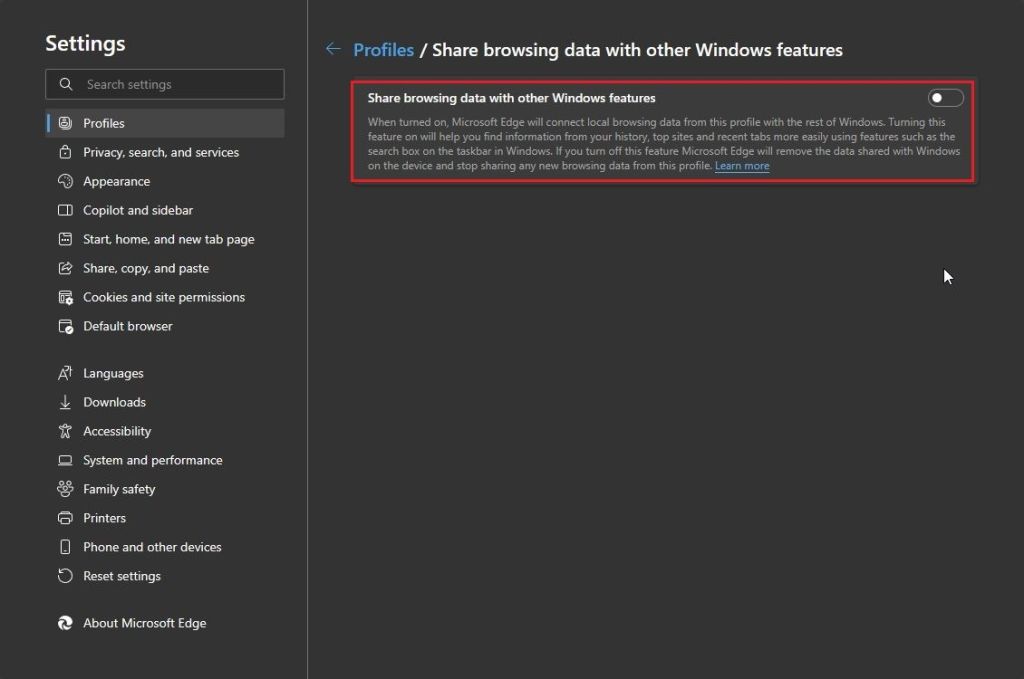 turn off browser data sharing in microsoft edge