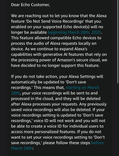 Amazon Email to Echo customers regarding discontinuation of Do Not Send Recordings