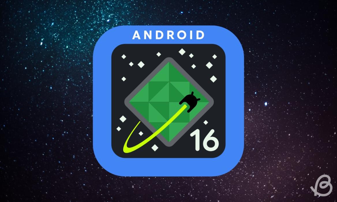 Android 16 logo in front of a dark starry night sky