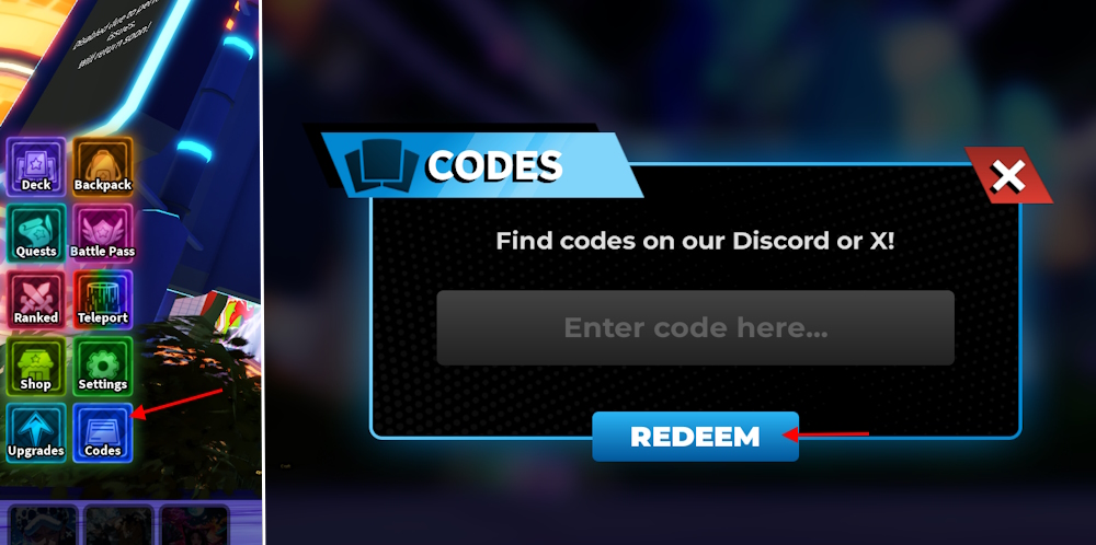 Anime Card Clash Codes redeem section