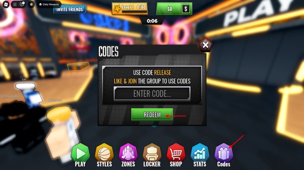 Basketball Rivals codes redeem section