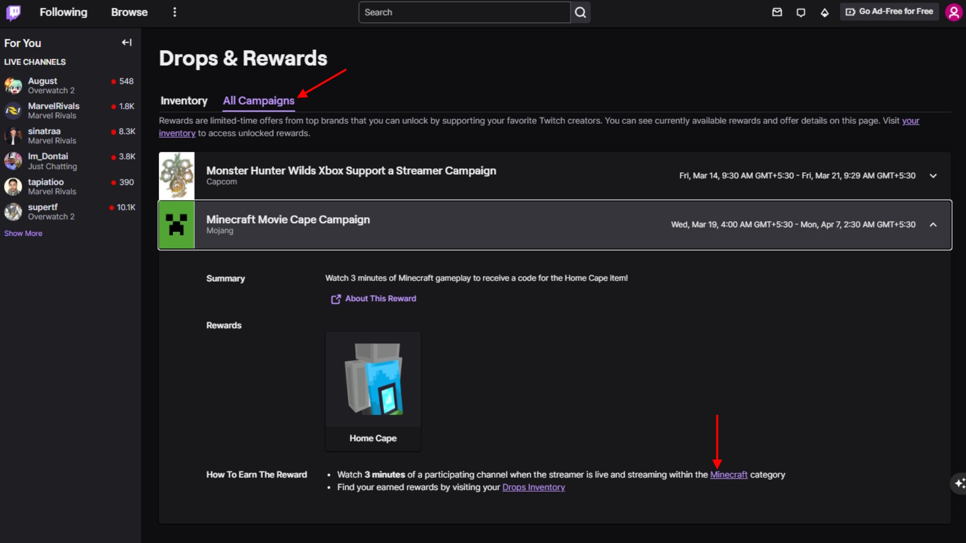 Campaign rewards twitch