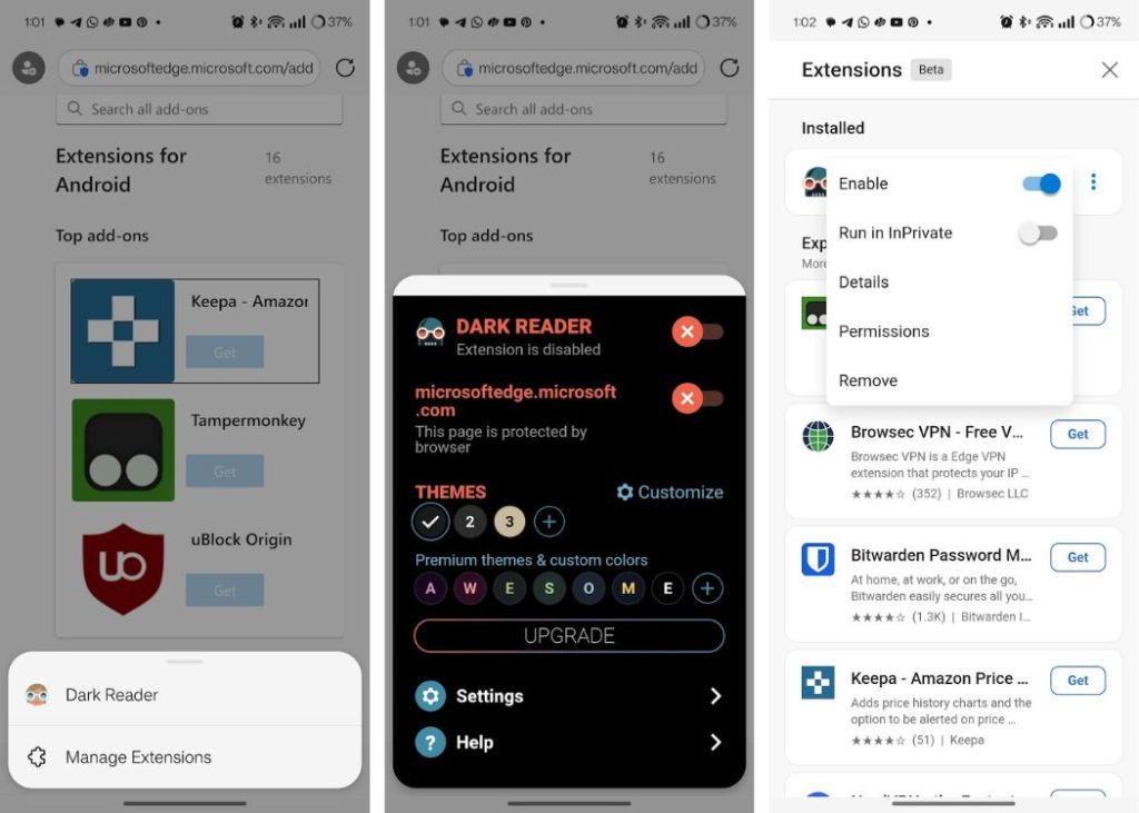 Microsoft Edge Dark Reader extension settings on Android