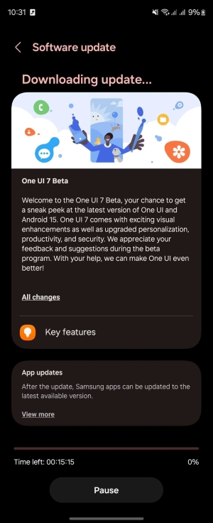 Screenshot of One UI 7 Beta update page on Galaxy Z Fold 6