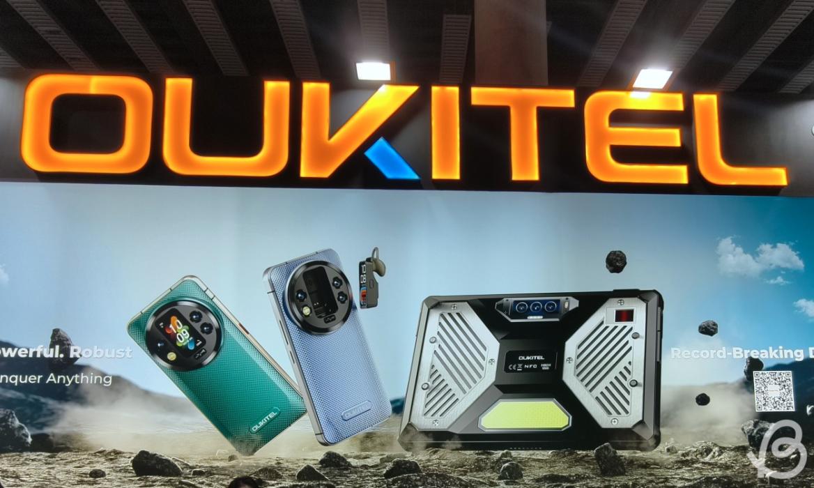 shot of the Oukitel logo and banner on display at MWC 2025