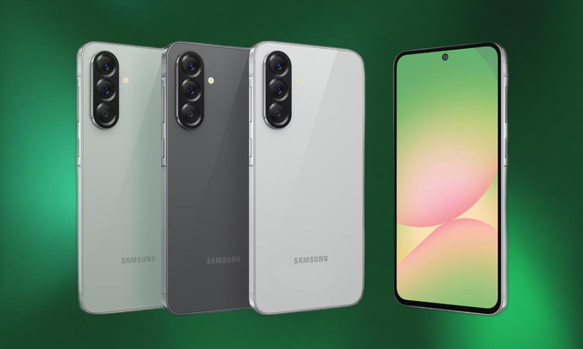 product image of the Samsung Galaxy A56 in different colorways in front of a green gradient background