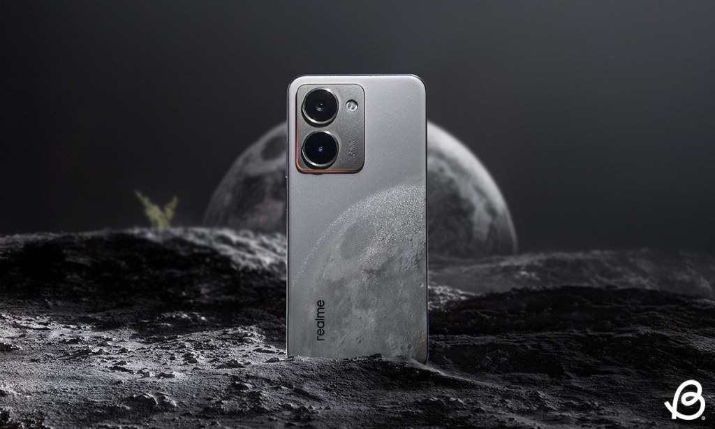 Shot of Realme P3 Ultra standing on the moons surface