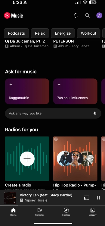 Youtube Music Ask Music Feature showing in the main app page