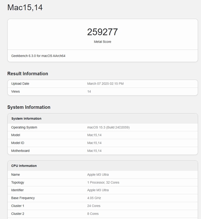 apple m3 ultra geekbench metal gpu score