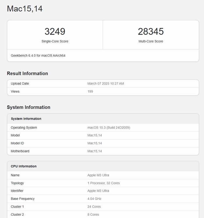 apple m3 ultra geekbench score