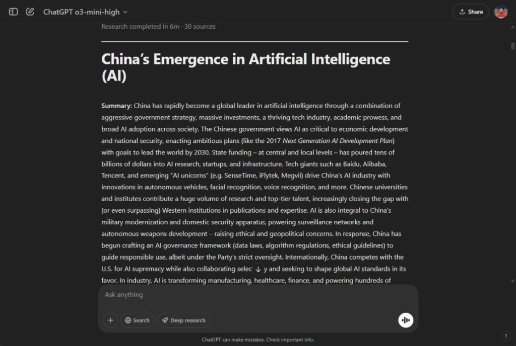 chatgpt deep research agent on china's ai emergence