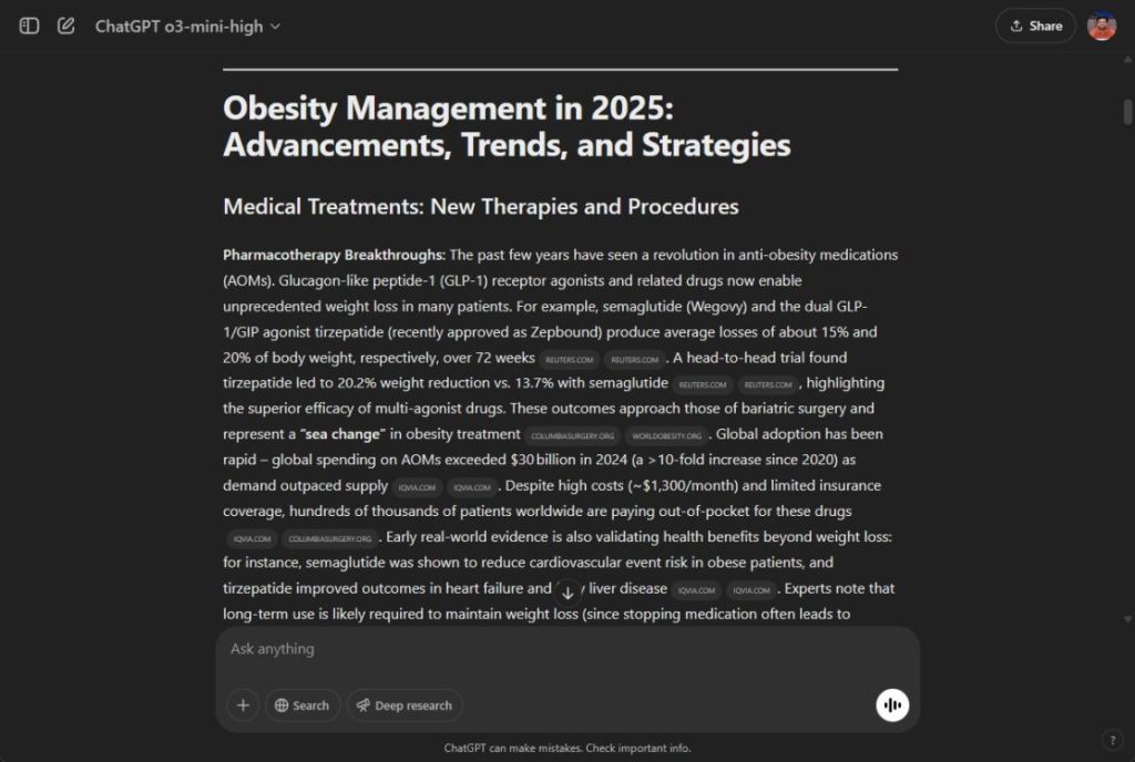 chatgpt deep research agent on obesity management