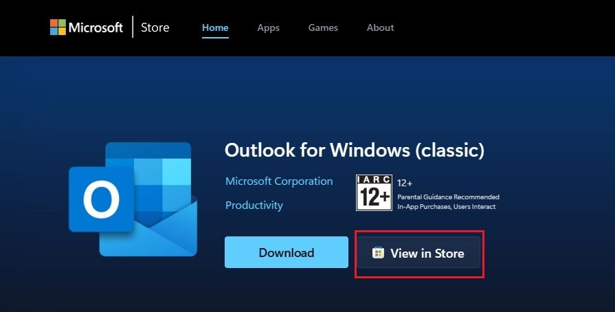 classic outlook listing in ms store