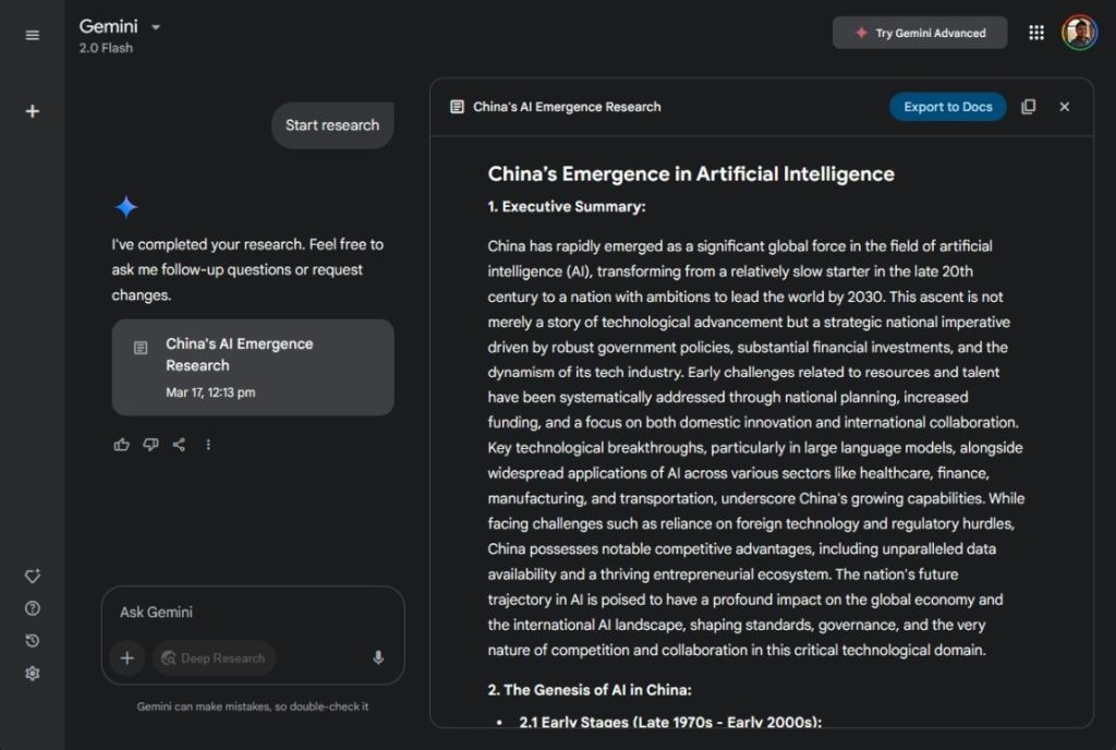 gemini deep research agent on china's ai emergence