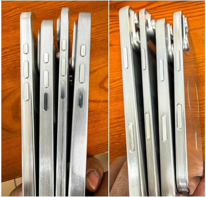 shot of the iPhone 17 dummies held side-by-side showing the right and left edges of the Air alongside other models