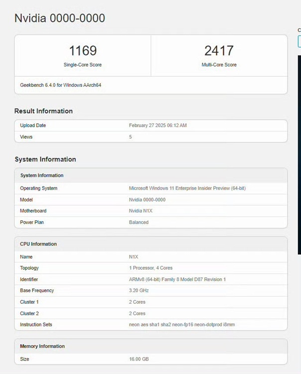 nvidia n1x arm chipset score on geekbench