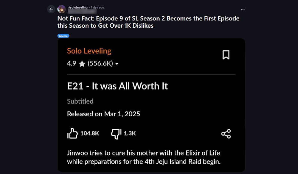 solo leveling episode 9 in season 2 gets over 1000 dislikes